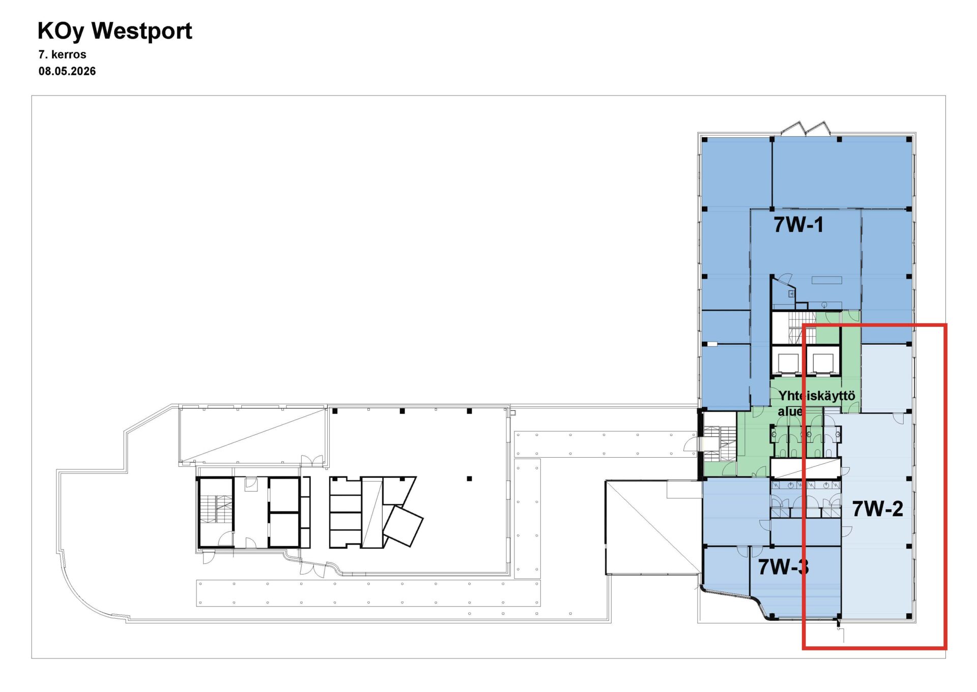 KOy Westportin 7. kerroksen pohjapiirros, päivätty 8.5.2026. Alueet on merkitty tunnuksilla 7W-1, 7W-2 ja 7W-3; yhteiset tilat on korostettu vihreällä ja punaisella suorakulmiolla on rajattu osa kerroksen oikeaa reunaa.
