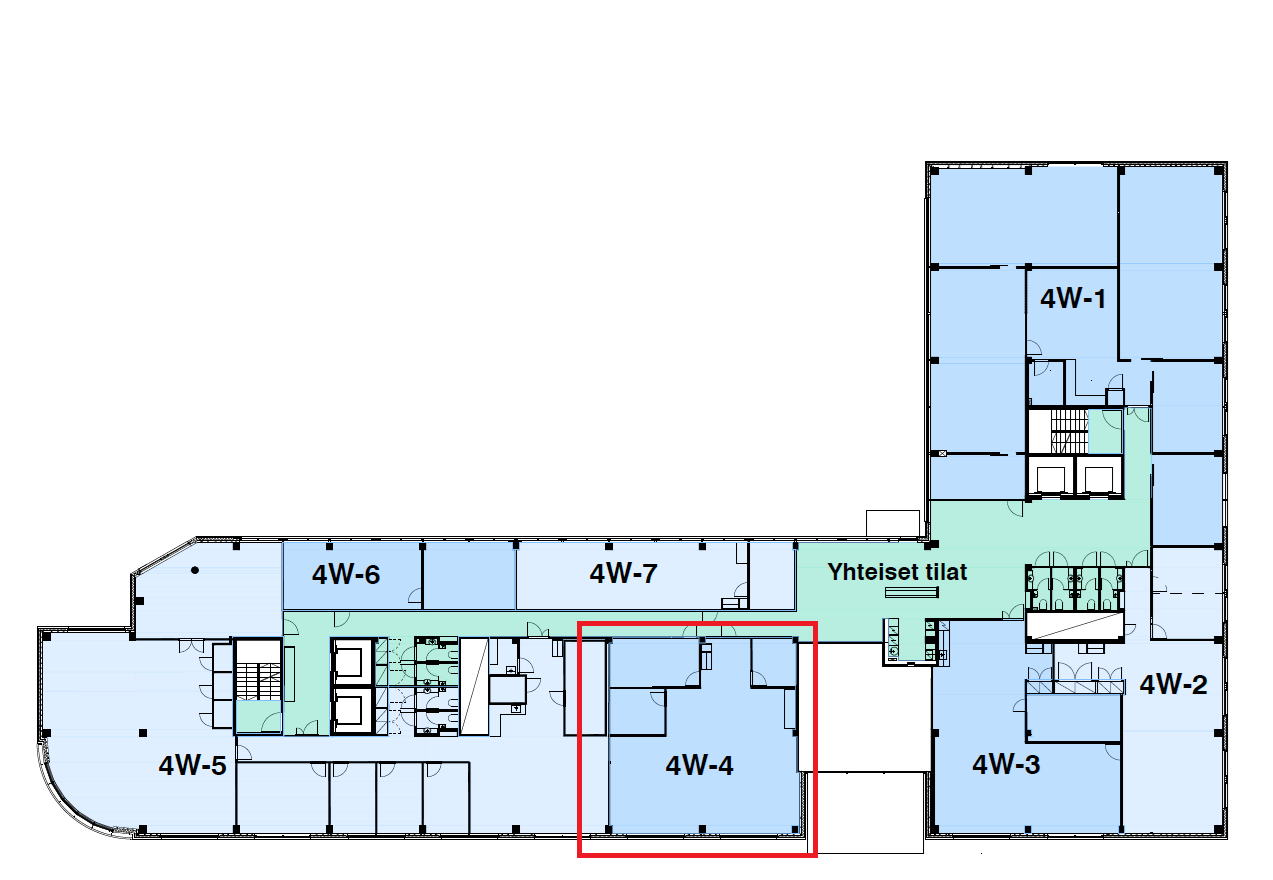 Pohjapiirros, jossa huoneet on merkitty numeroilla 4W-1–4W-7 ja yksi tila on merkitty nimellä ”Yhteiset tilat”. Huone 4W-4 on rajattu punaisella kehyksellä, mikä korostaa sen sijaintia pohjapiirroksen keskiosan alaosassa.