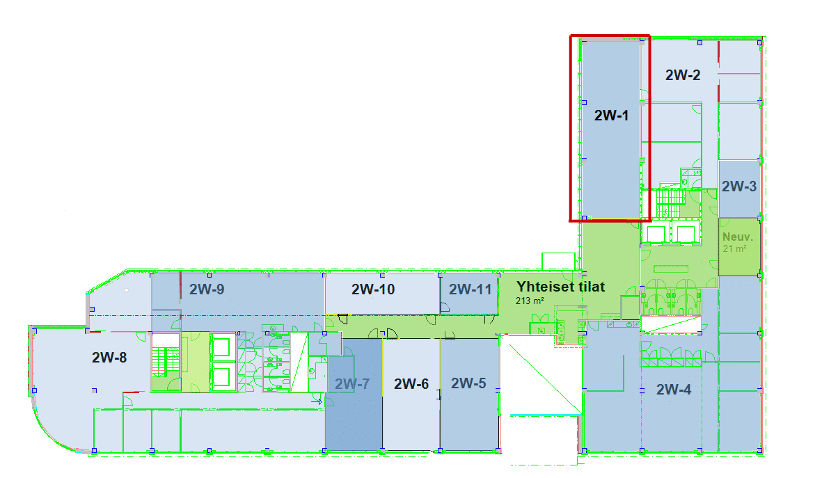 Pohjapiirros, jossa huoneet on merkitty numeroilla 2W-1–2W-11 ja ”Yhteiset tilat”. Huone 2W-1 on rajattu punaisella. Yhteiset tilat on varjostettu vihreällä; muut huoneet ovat vaaleansinisiä. Joissakin huoneissa on pöytiä, tuoleja tai keittiökalusteita.