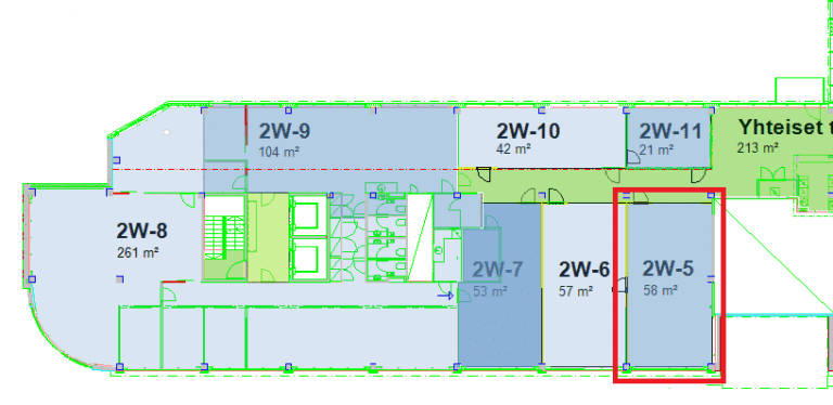 Rakennuksen pohjapiirros, jossa huone 2W-5 (58 m²) on merkitty punaisella. Muita merkittyjä huoneita ovat 2W-2, 2W-6, 2W-7, 2W-8, 2W-9, 2W-10, 2W-11 sekä yhteiset tilat (Yhteiset tilat).